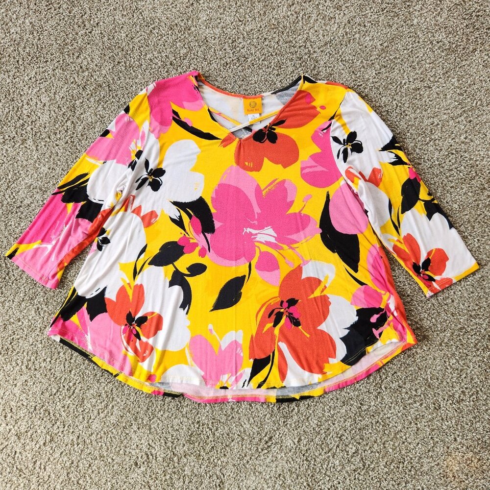 Ruby Rd. Size XL 3/4 Sleeve Yellow with Bright Floral Print Flowy Blouse